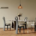Modern Dining Table Set with Marble Top Curved Back Chairs Hanging Pendant Light Flower Vase