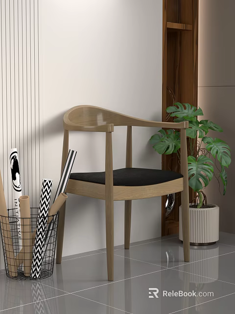 Comfortable Wooden Leisure Chair With Black Cushion Beside Monstera Plant And Metal Basket 3d model 
