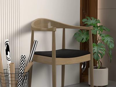 Comfortable Wooden Leisure Chair With Black Cushion Beside Monstera Plant And Metal Basket 3d model