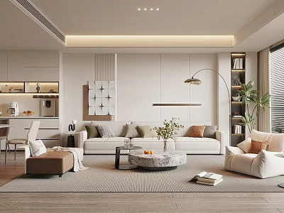 Modern Minimalist Living And Dining Room Interior With Sofa Coffee Table Area Rug And Plants 3d model