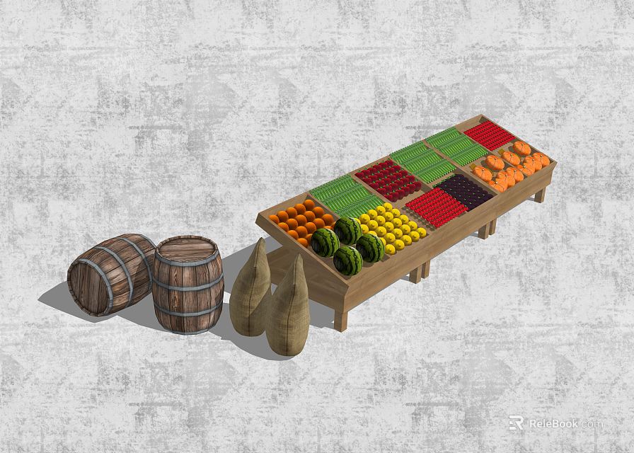 Wooden Display Shelf With Colorful Fruit Sections Watermelons Oranges Gourds And Wooden Barrels 3d model 