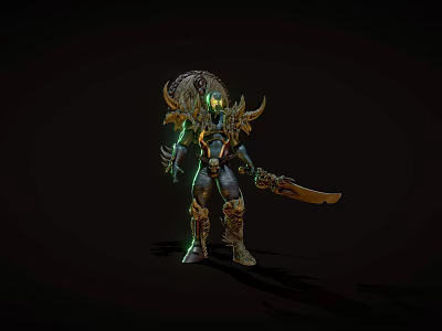 Game Movie Warrior Character In Gold Green Armor With Horns And Glowing Sword 3d model