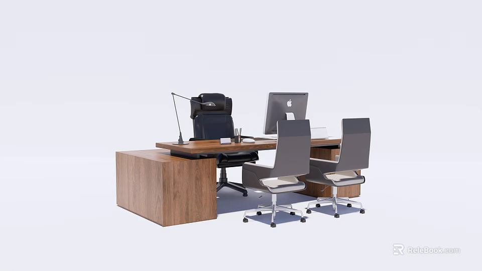 Modern Wooden Office Desk With Computer Chairs Lamp And Workspace Setup 3d model 