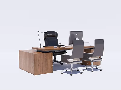 Modern Wooden Office Desk With Computer Chairs Lamp And Workspace Setup 3d model