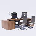 Modern Wooden Office Desk With Computer Chairs Lamp And Workspace Setup