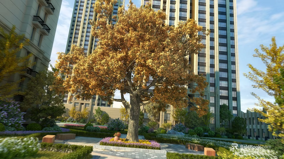 Urban Garden Landscape With Golden Leaf Tree Tall Buildings Trimmed Hedges Stone Path And Benches 3d model 