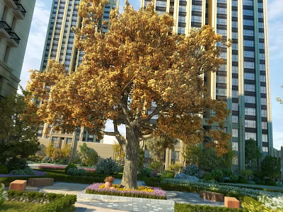 Urban Garden Landscape With Golden Leaf Tree Tall Buildings Trimmed Hedges Stone Path And Benches 3d model