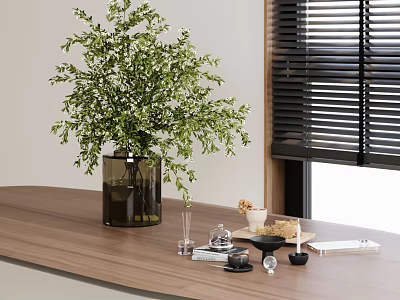 Decorative Dark Brown Vase With Green Foliage On Wooden Tabletop Near Window Blinds 3d model