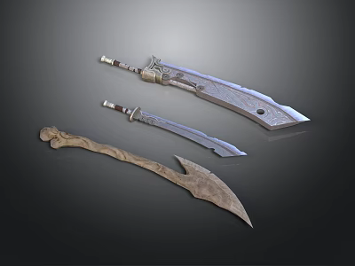 Three Ancient Weapons With Long Short And Curved Blades And Decorative Carvings 3d model