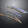 Three Ancient Weapons With Long Short And Curved Blades And Decorative Carvings