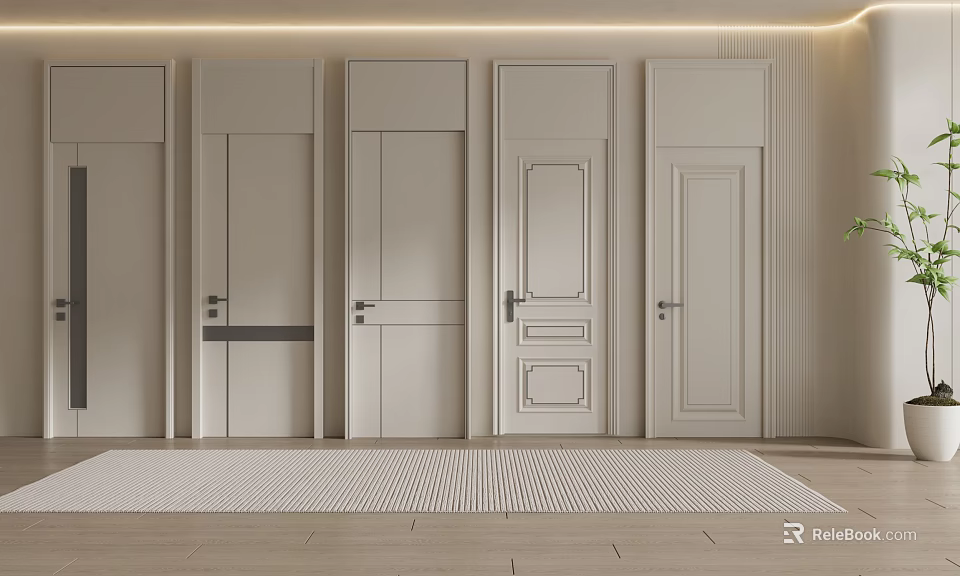 Various Modern Hinged Doors with Different Panel Designs and Handle Styles in Light Minimalist Interior 3d model