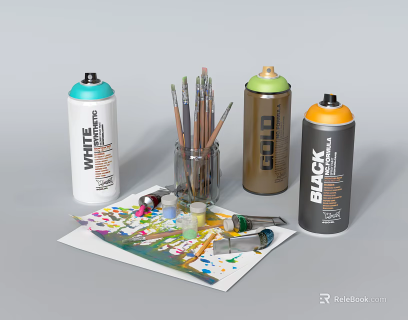 Art Supplies Including Spray Paint Cans Brushes Palette And Colored Paper 3d model 