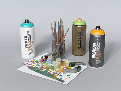 Art Supplies Including Spray Paint Cans Brushes Palette And Colored Paper 3d model