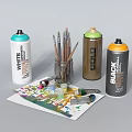 Art Supplies Including Spray Paint Cans Brushes Palette And Colored Paper