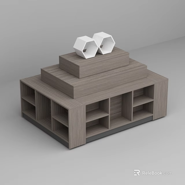 Wooden Multi Tiered Shelving Unit With White Hexagon Decor On Top And Storage Compartments 3d model 