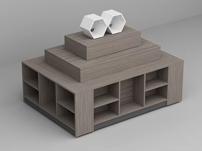 Wooden Multi Tiered Shelving Unit With White Hexagon Decor On Top And Storage Compartments 3d model