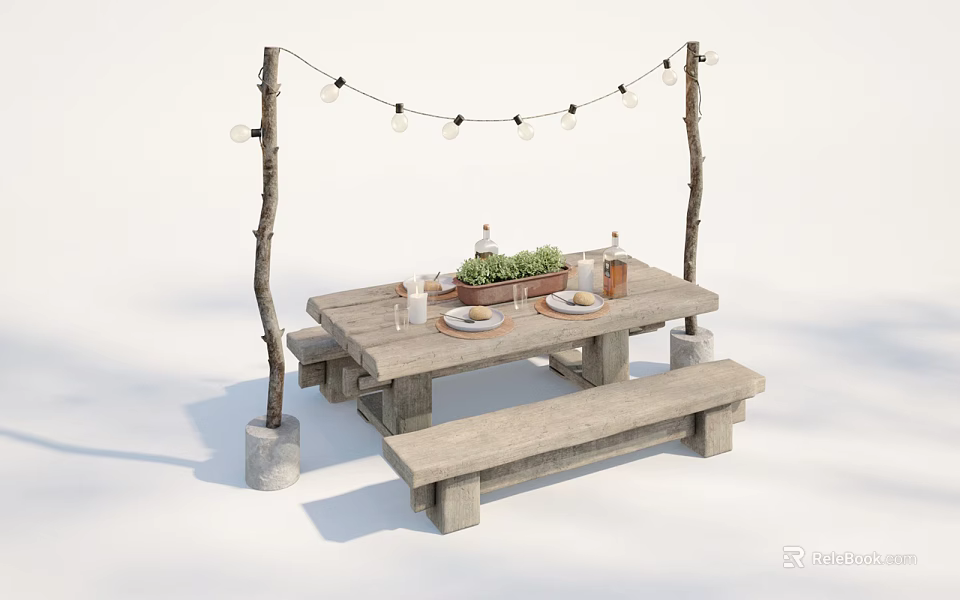 Wooden Outdoor Table With Bench And String Lights For Garden Dining Decor 3d model 