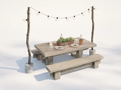 Wooden Outdoor Table With Bench And String Lights For Garden Dining Decor 3d model