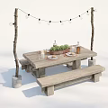Wooden Outdoor Table With Bench And String Lights For Garden Dining Decor