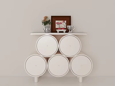 White Console Table With Five Round Drawers Featuring Framed Art Flower Vase Decor And Cup 3d model