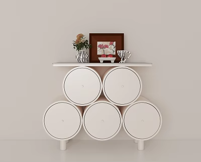 White Console Table With Five Round Drawers Featuring Framed Art Flower Vase Decor And Cup 3d model