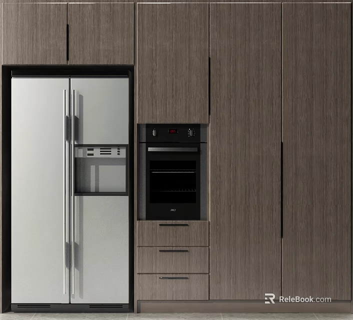 Modern Kitchen Interior With Built in Stainless Steel Refrigerator And Dark Wood Cabinets 3d model 