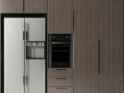 Modern Kitchen Interior With Built in Stainless Steel Refrigerator And Dark Wood Cabinets 3d model