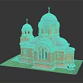 Cartoon Scene of Church Building with Blue Domes Orange Walls Windows and Green Grass Base