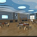 School Classroom Interior With Blue Cloud Shaped Ceiling And Cartoon Wall Murals 3d model