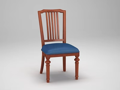 Wooden Dining Chair With Vertical Slat Back And Blue Padded Seat 3d model