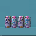 RIO Tropical Flavored Canned Beverage With Colorful Fruit Design On Blue Background