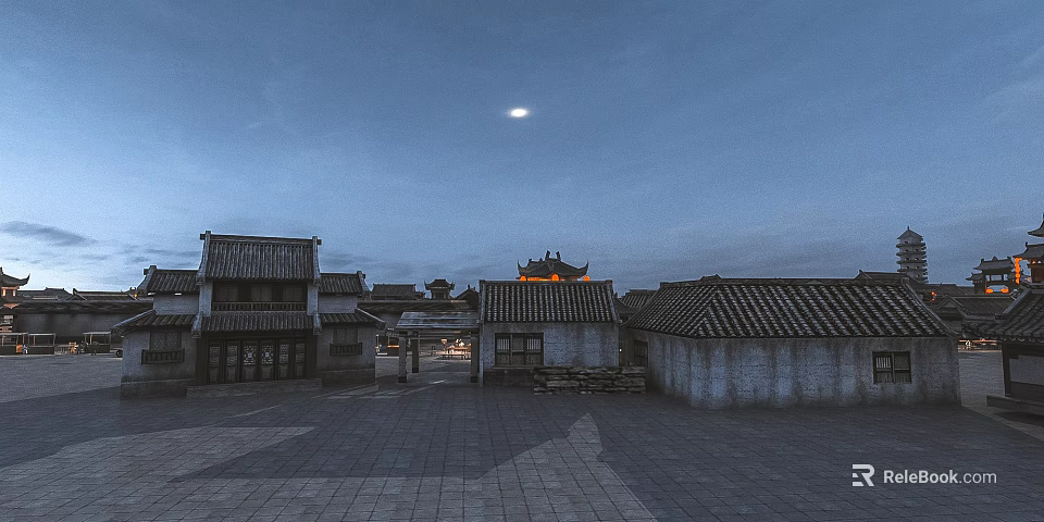Ancient Architecture Courtyard Under Night Sky With Moon And Tile Roofs 3d model