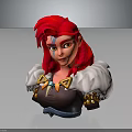 3D Fantasy Character Model With Red Hair Feather Shoulder Decor And Horn Accessories
