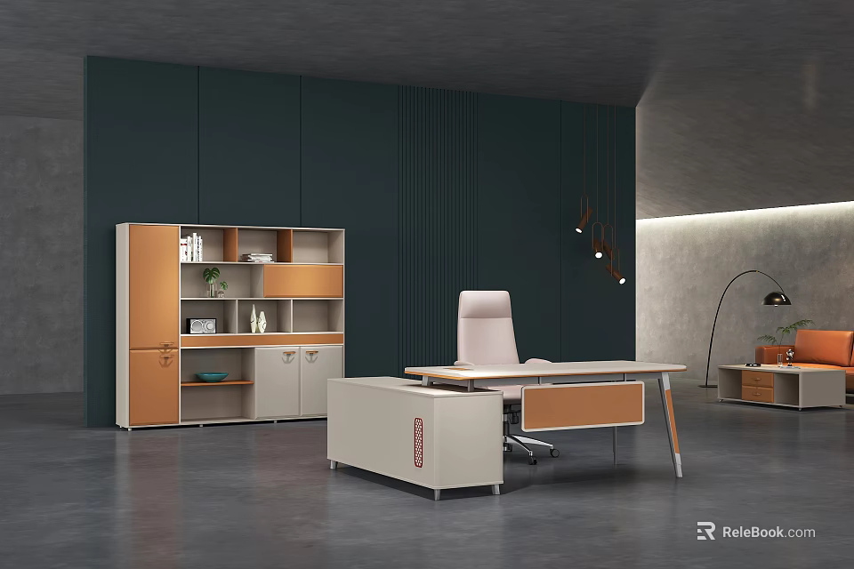 Modern Office Interior With Dark Wall Light Desk White Chair Orange White Cabinets And Pendant Lights 3d model 