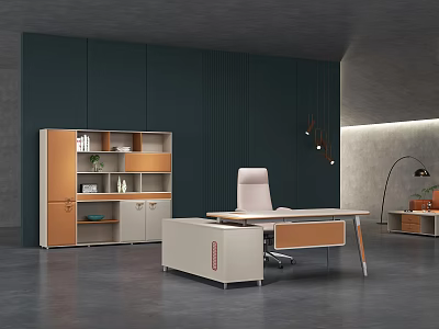 Modern Office Interior With Dark Wall Light Desk White Chair Orange White Cabinets And Pendant Lights 3d model
