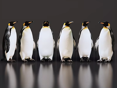 Black and white penguins standing in a line against dark background with ground reflections 3d model