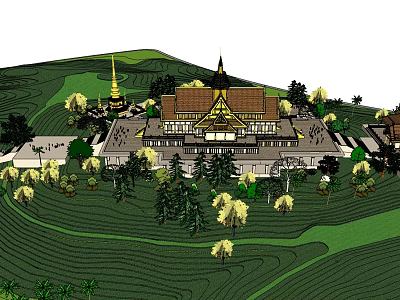 Ancient Architecture With Traditional Roof And Golden Spire On Green Hillside Surrounded By Trees 3d model