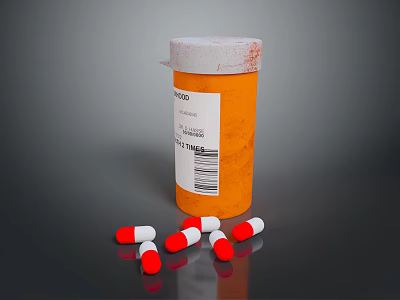 Orange Pill Bottle With White Label And Scattered Red White Capsules 3d model