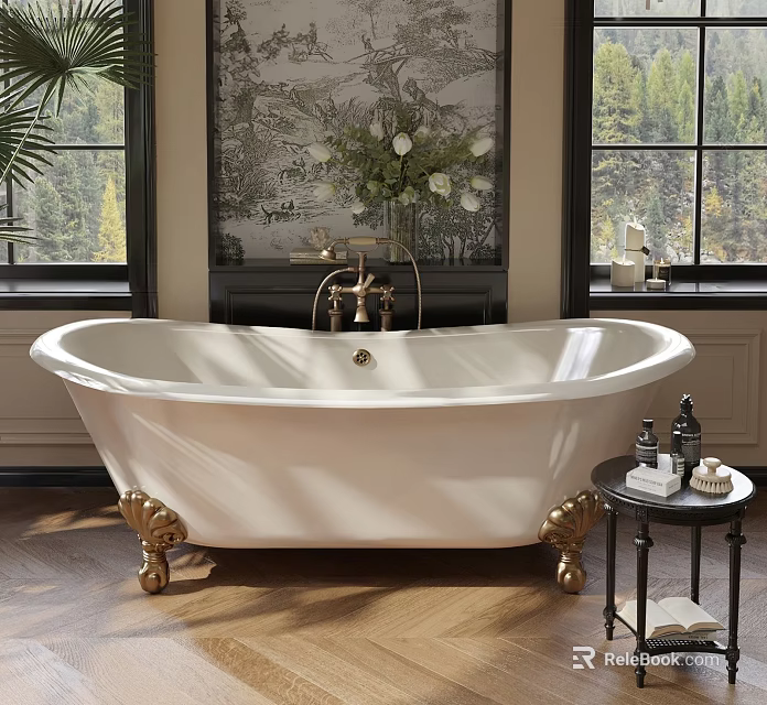 White Bathtub with Golden Feet and Forest View Windows Decorative Flower Vase Side Table Toiletries 3d model 