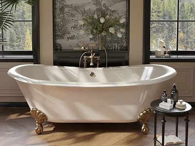 White Bathtub with Golden Feet and Forest View Windows Decorative Flower Vase Side Table Toiletries 3d model