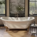 White Bathtub with Golden Feet and Forest View Windows Decorative Flower Vase Side Table Toiletries