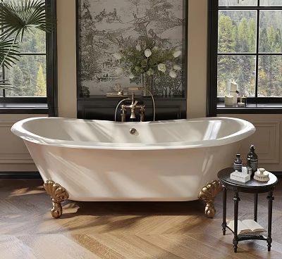 White Bathtub with Golden Feet and Forest View Windows Decorative Flower Vase Side Table Toiletries 3d model