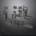 Industrial Equipment Setup With Pipes Square Devices Cylindrical Units Blue Barrel And Gray Mats