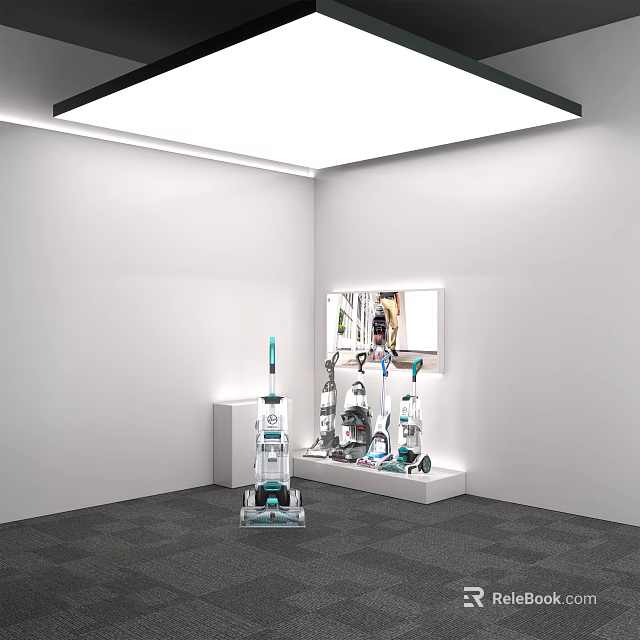 E-commerce Exhibition Booth Showcasing Modern Vacuum Cleaners And Cleaning Appliances 3d model 