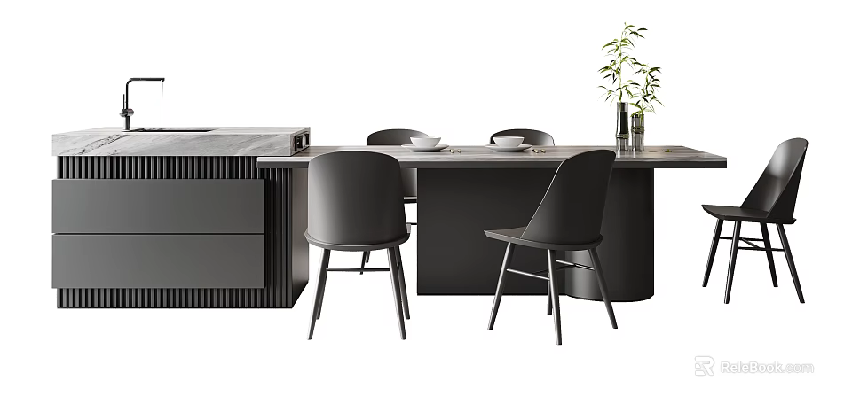 Sleek Modern Dining Table Set With Black Chairs And Potted Plant Near Cabinet 3d model 