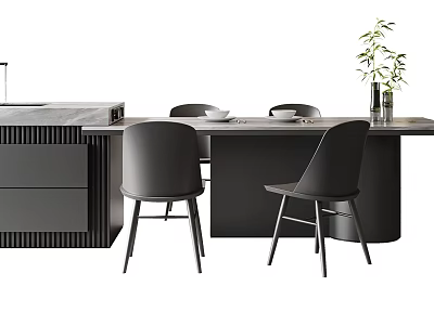 Sleek Modern Dining Table Set With Black Chairs And Potted Plant Near Cabinet 3d model