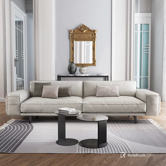 Light Beige Two Seater Sofa With Decorative Pillows Round Coffee Tables And Gold Mirror 3d model 