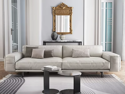 Light Beige Two Seater Sofa With Decorative Pillows Round Coffee Tables And Gold Mirror 3d model