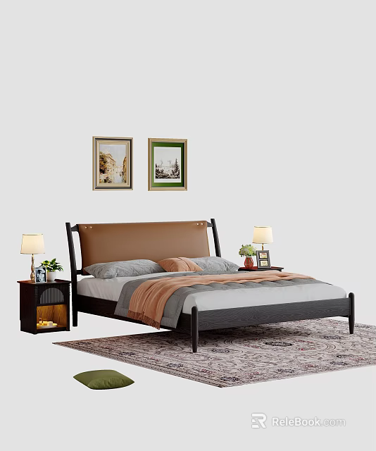 Modern Double Bed with Brown Headboard Nightstands Table Lamps Wall Paintings and Rug 3d model 