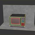 Vintage Gray TV Displayed On Concrete Stand With Textured Background Wall